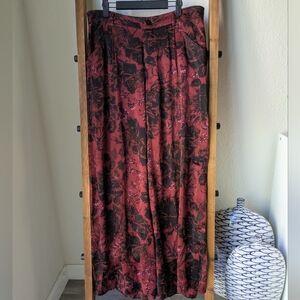 Anthropologie Women's Floral Black and Burgundy Wide Leg Pants - Size 42